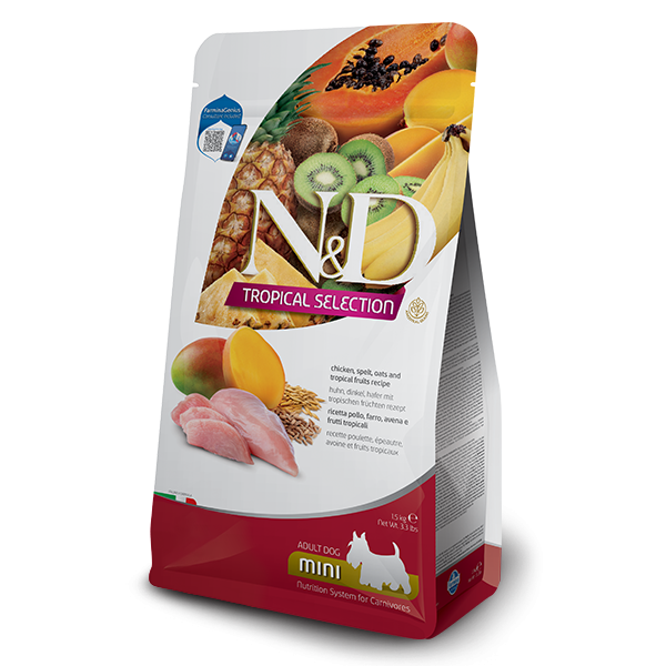 N&D Tropical  Dog Adult MINI Chicken  – суха храна за кучета над 1 година от дребни породи, с пилешко и тропически плодове
