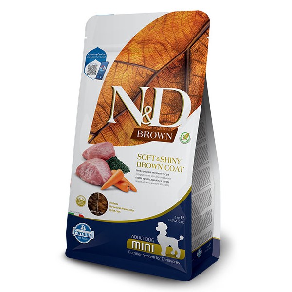 N&D Spirulina Brown Dog Lamb Adult Mini  – Суха Храна без Зърнени Култури за Кучета с Кафява Козина от Мини Породи  с Агнешко, Спирулина и Морков- 2кг.