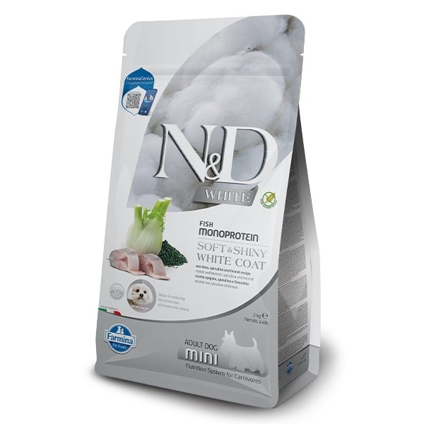 N&D Spirulina White Dog Sea Bass Adult Mini – Суха Храна без Зърнени Култури за Кучета с Бяла Козина от Мини Породи с Лаврак, Спирулина и Фенел-2кг. N&D Spirulina White Dog Sea Bass Adult Mini – Суха Храна без Зърнени Култури за Кучета с Бяла Козина от Мини Породи с Лаврак, Спирулина и Фенел-2кг.