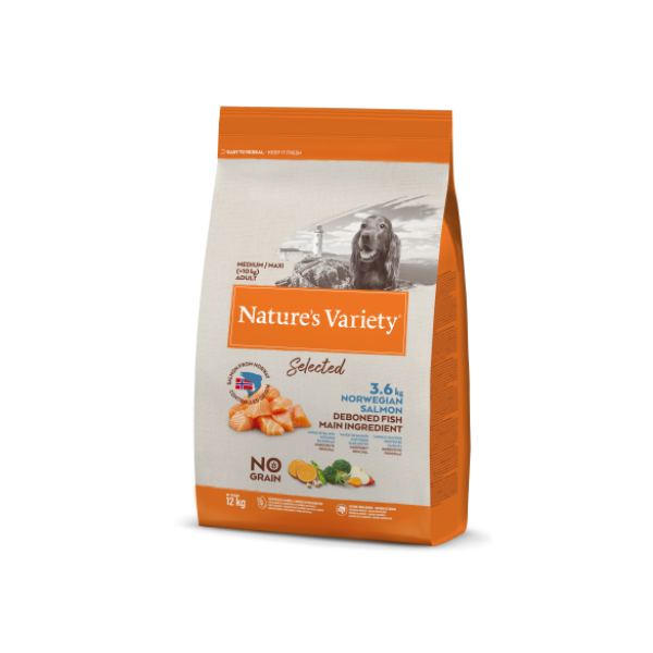 Nature's Variety SELECTED MEDIUM/MAXI - NORWEGIAN SALMON - Храна за Кучета Без Зърно Средни и Едри Породи Норвежка Сьомга 12кг. Nature's Variety SELECTED MEDIUM/MAXI - NORWEGIAN SALMON - Храна за Кучета Без Зърно Средни и Едри Породи Норвежка Сьомга 12кг.
