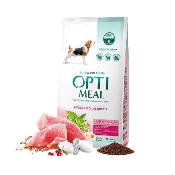 Opti Meal Adult Medium With Turkey- Суха храна за възрастни кучета от средни породи с пуешко Opti Meal Adult Medium With Turkey- Суха храна за възрастни кучета от средни породи с пуешко