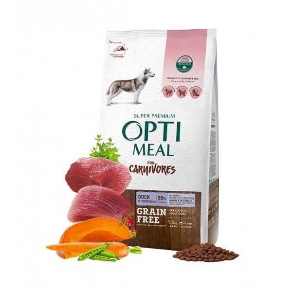 Opti Meal Grain Free Adult Dogs All Breeds With Duck - Беззърнена суха храна за възрастни кучета от всички породи с патешко