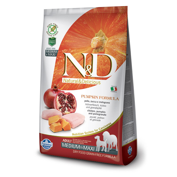 Храна за кучета N&D ADULT MEDIUM & MAXI PUMPKIN Средни и големи породи израснали кучета с тиква, пилешко и нар 2.5кг. Храна за кучета N&D ADULT MEDIUM & MAXI PUMPKIN Средни и големи породи израснали кучета с тиква, пилешко и нар 2.5кг.