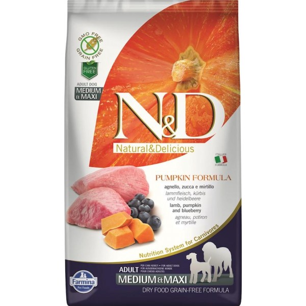 Храна за кучета N&D ADULT MEDIUM & MAXI PUMPKIN Средни и големи породи кучета тиква с агнешко и боровинки 2.5кг.